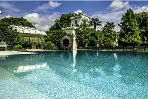 Seasonal outdoor pool, pool umbrellas, sun loungers