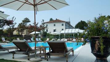Seasonal outdoor pool, pool umbrellas, pool loungers