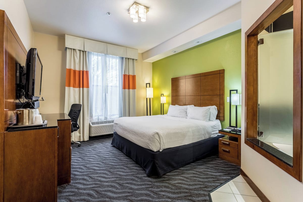 A hotel room with a bed, desk, chair, and a television.