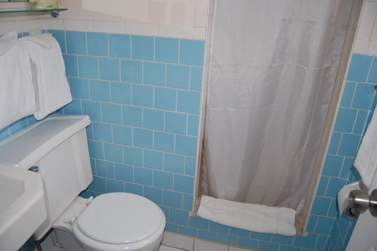 Een badkamer met toilet, douchegordijn en blauwe tegels.