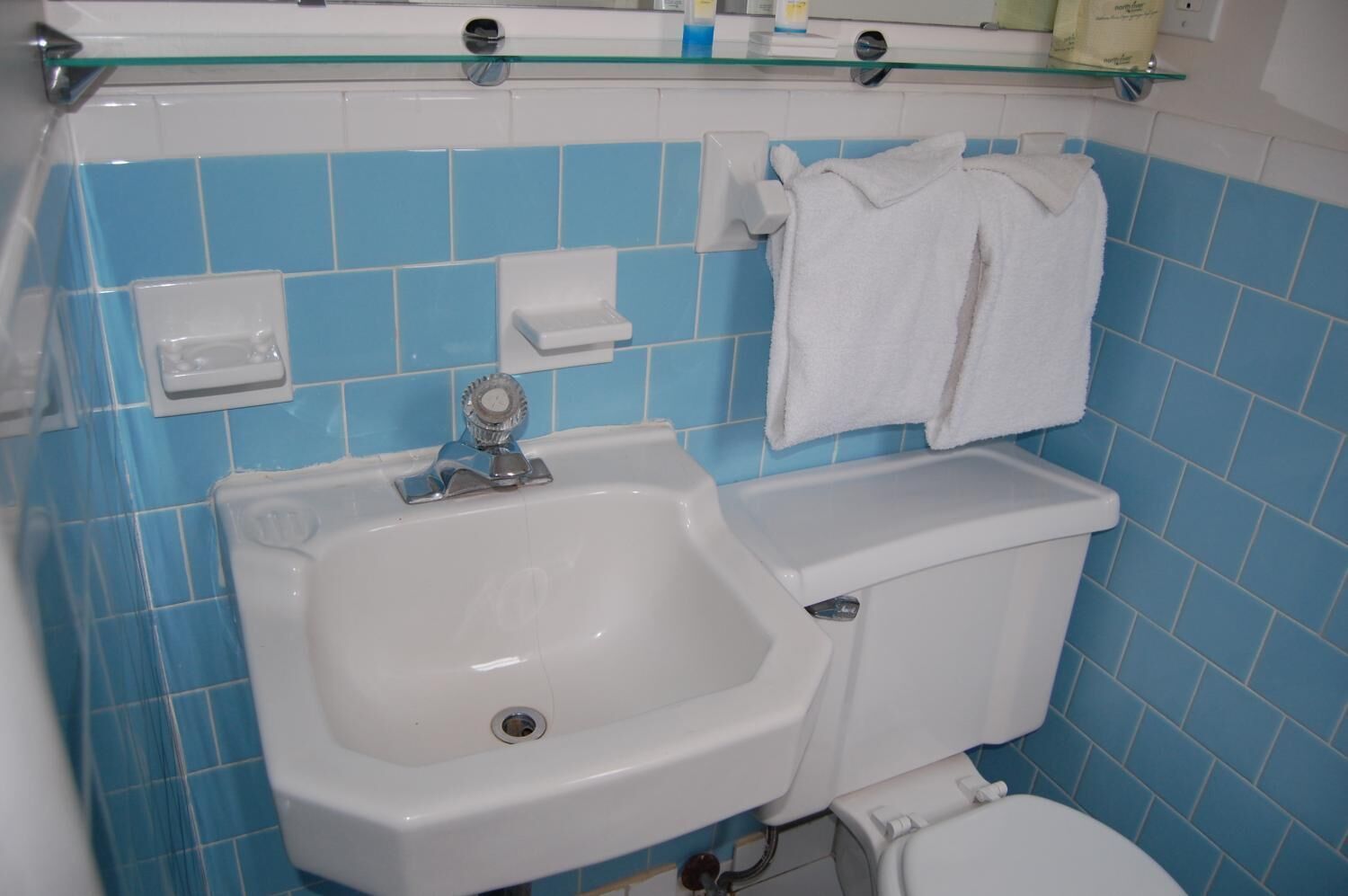 Un baño con un lavabo blanco, un inodoro y un estante de vidrio sobre el lavabo.