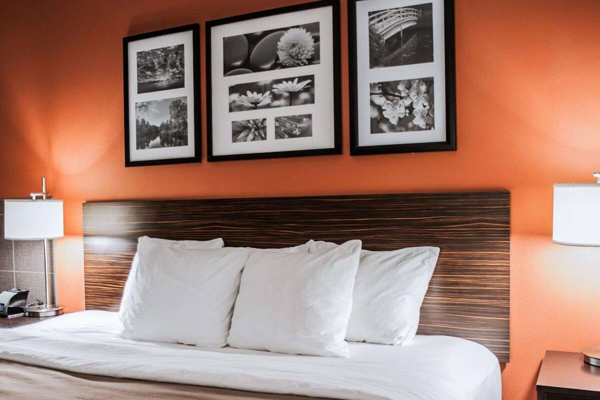 Una habitación de hotel con una cama grande, un cabecero de madera y tres fotografías enmarcadas en la pared.