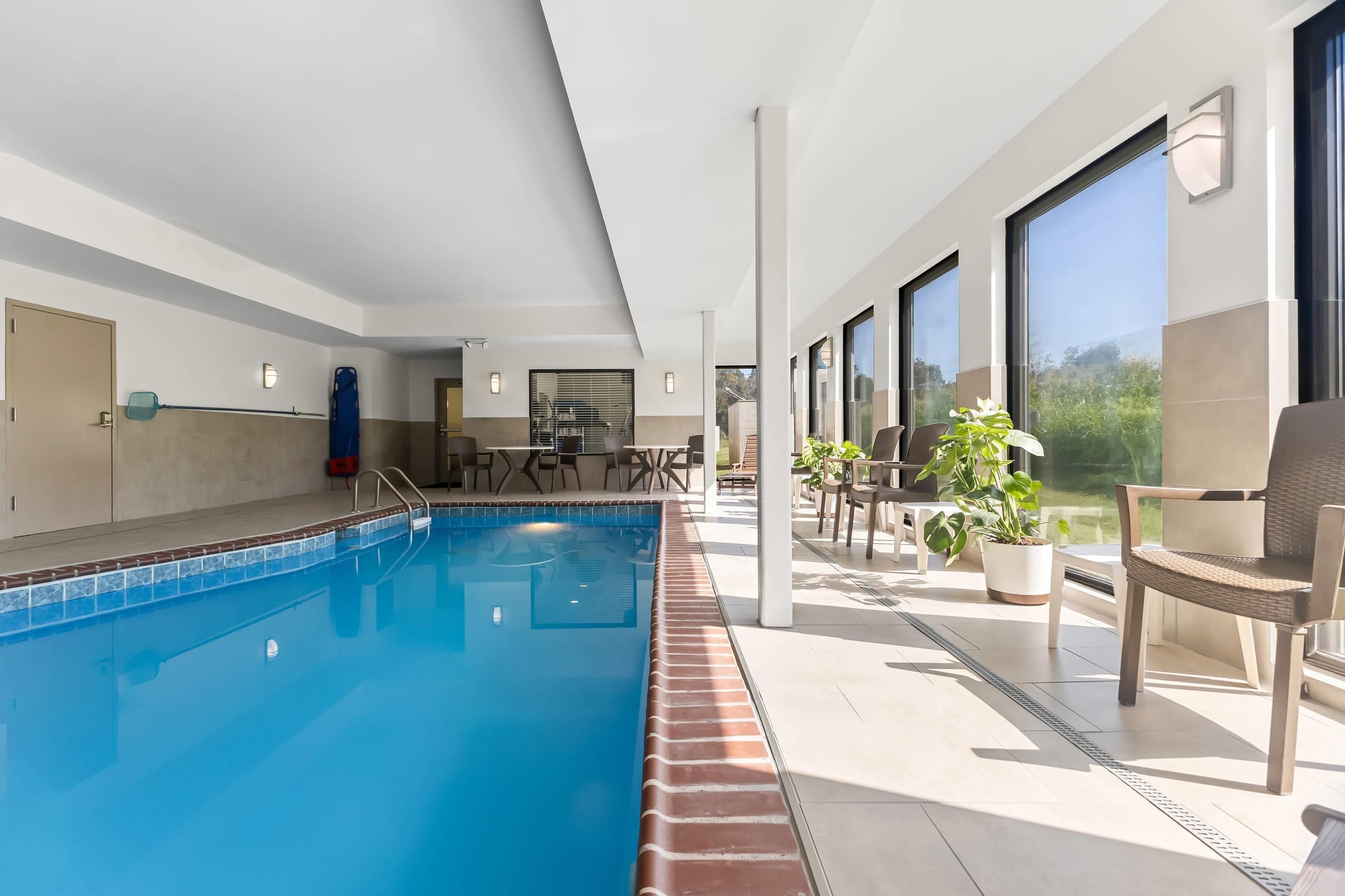 A swimming pool with a tiled edge, adjacent to a covered patio area with outdoor seating and potted plants.