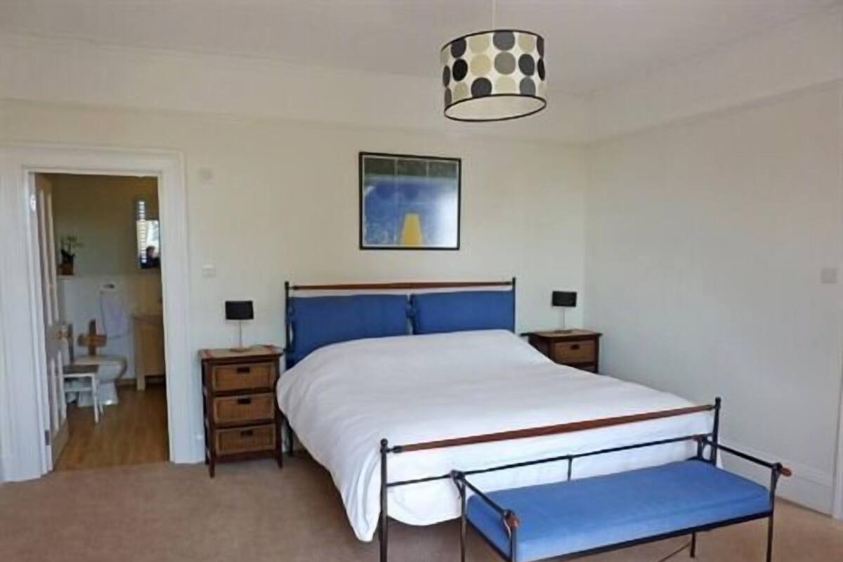 A bedroom with a bed, bedside tables, a bench, a painting, and a ceiling light fixture.