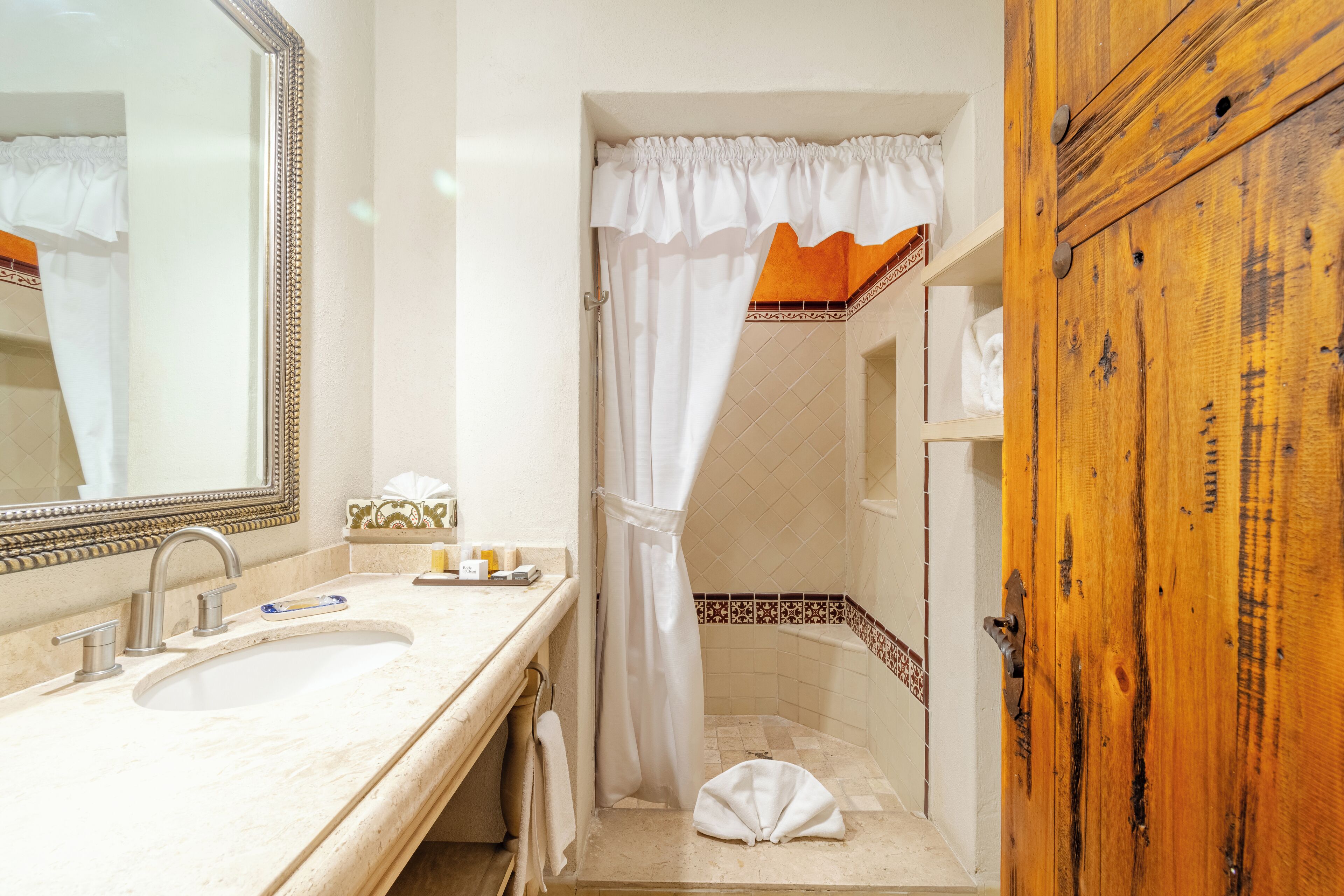 shower, rainfall showerhead, designer toiletries, hair dryer