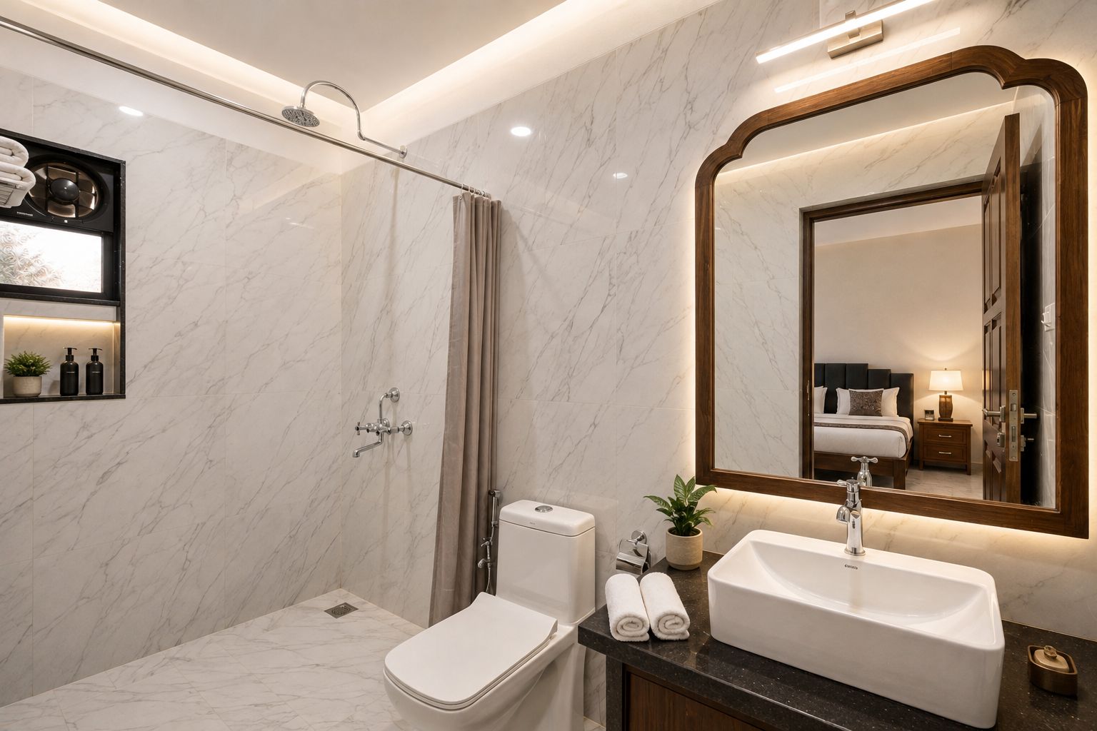 Un bagno moderno con doccia, WC e doppio lavabo.