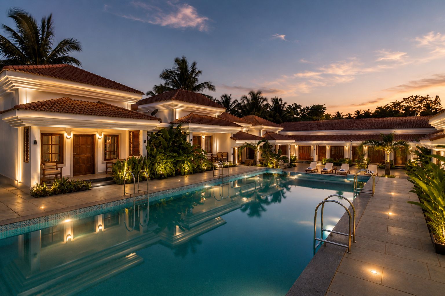 A swimming pool with a tiled deck, surrounded by buildings with red-tiled roofs and white walls, and palm trees in the background.