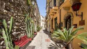 A narrow cobblestone street lined with buildings, featuring potted plants and a stone wall. - Le Piccole Grotte (Scilla)