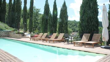 Seasonal outdoor pool, pool loungers