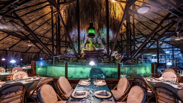A restaurant with a thatched roof, a central water feature, and a long dining table set for a meal. - Hotel Irotama Lago (Santa Marta)