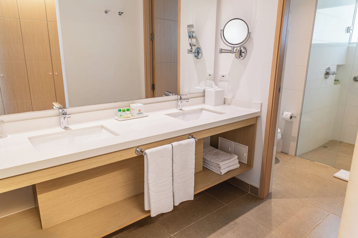 luxury room | bathroom | shower, rainfall showerhead, designer toiletries, hair dryer