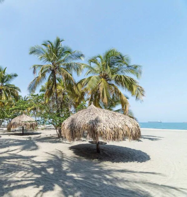 A beach with palm trees and thatched umbrellas. - Hotel Irotama Lago (Santa Marta)
