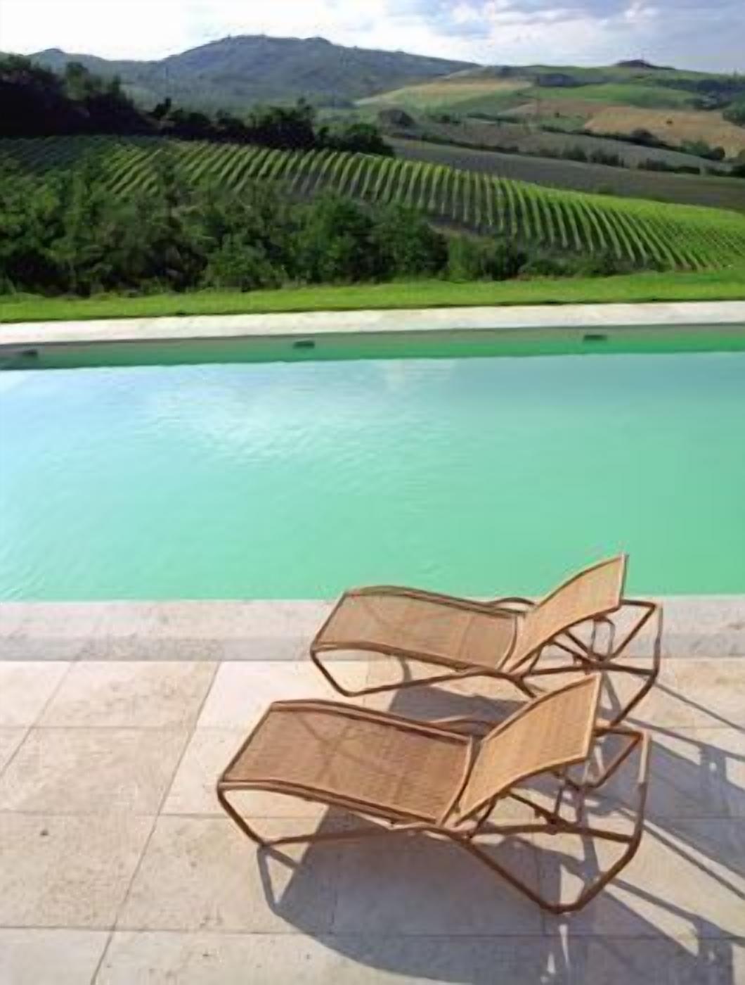 A pool with a view of a vineyard and hills in the background.