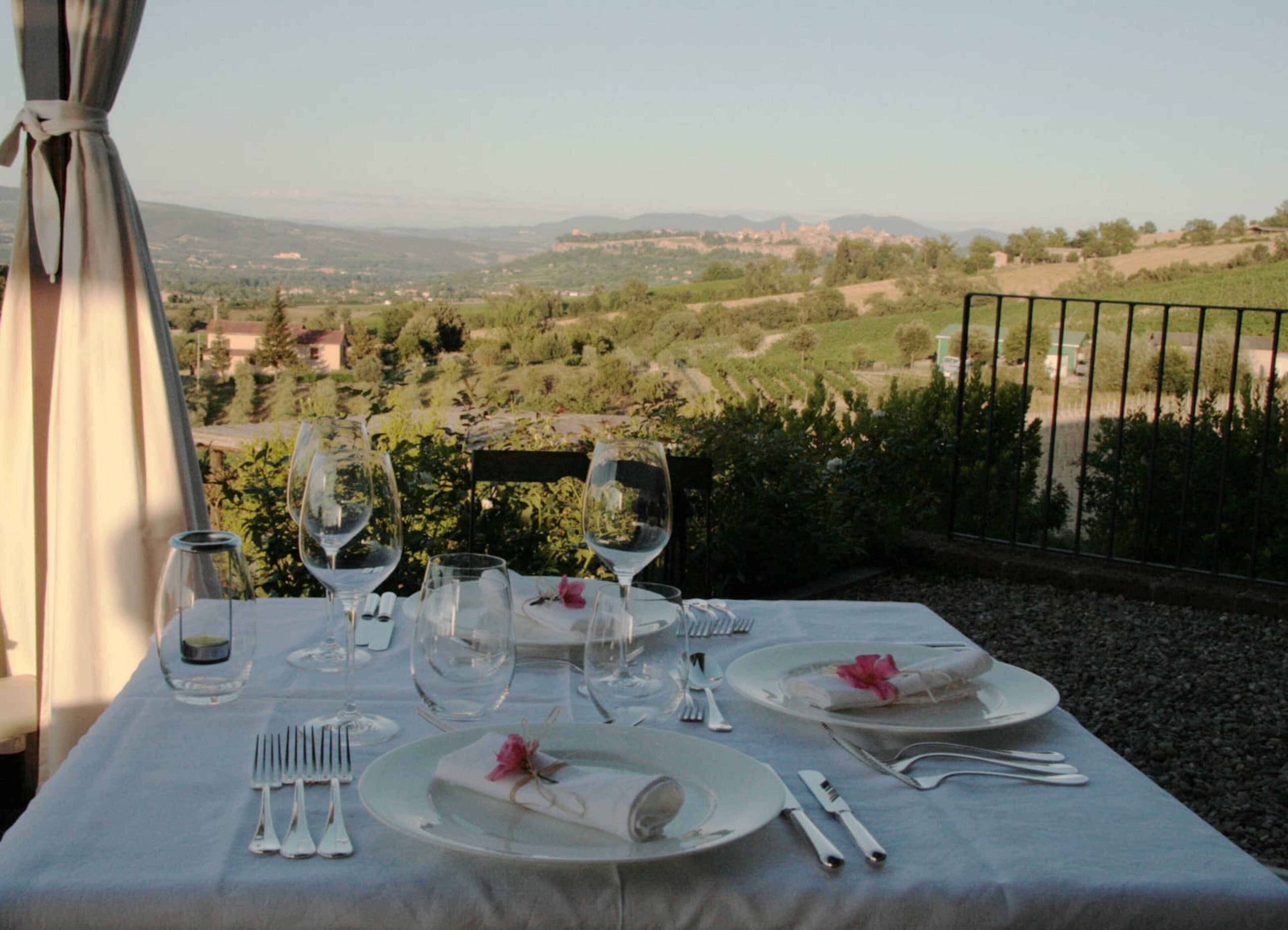 Mesa lista para una comida, con una vista panorámica de viñedos y colinas al fondo.