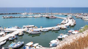 Una marina con numerosos barcos amarrados en un arreglo circular.