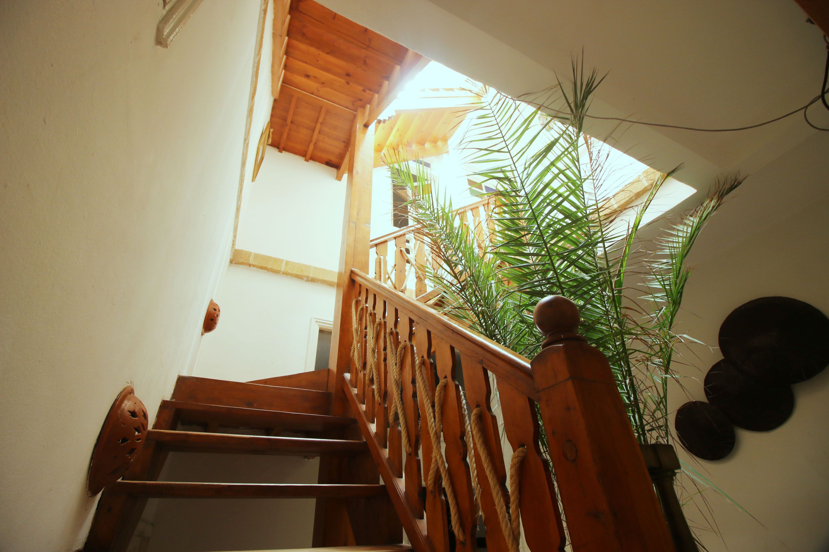 A wooden staircase with a handrail, leading to an upper level.