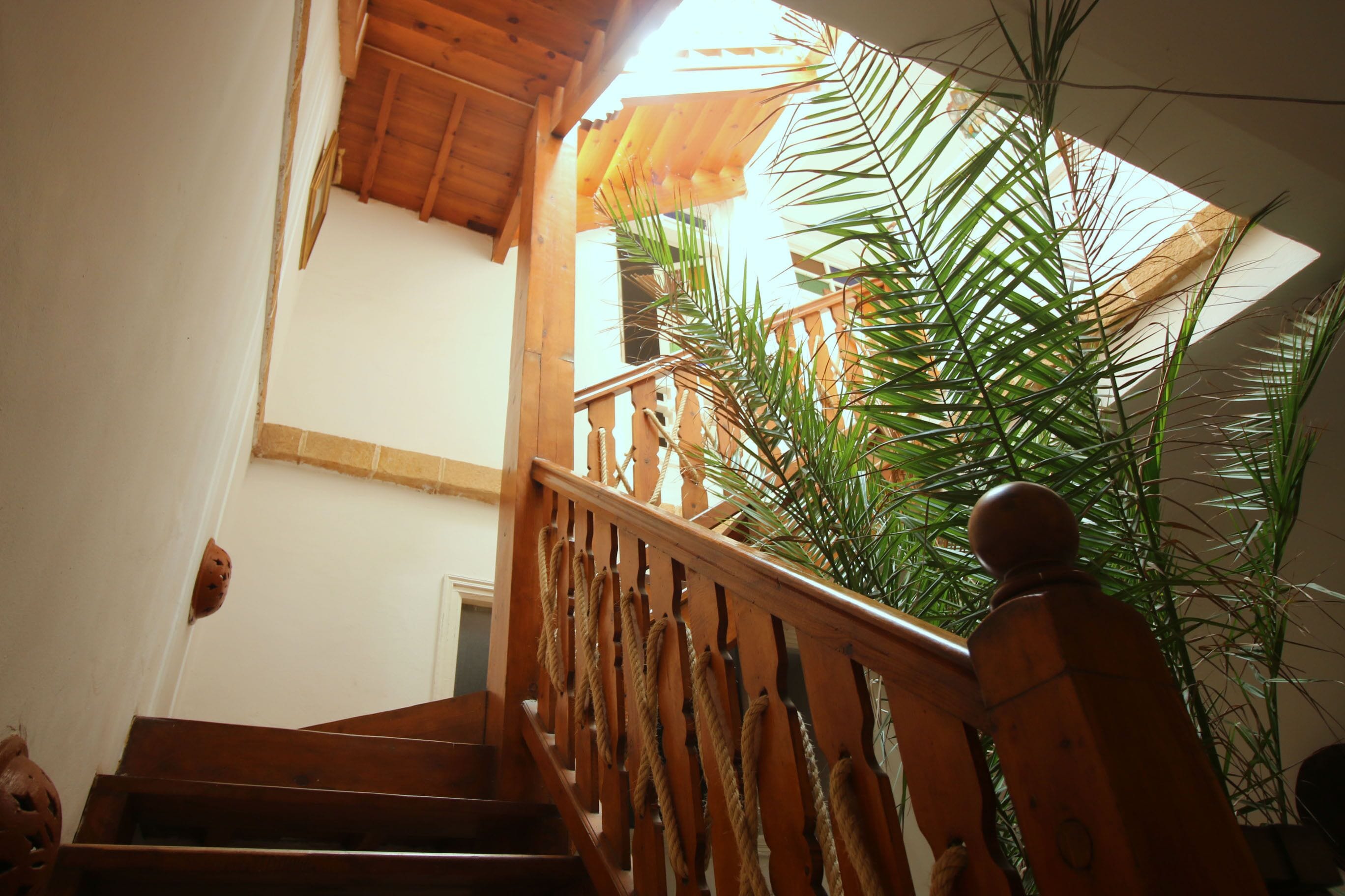 Una escalera de madera con barandilla de cuerda que conduce a un balcón con balaustrada de madera y vistas a palmeras.