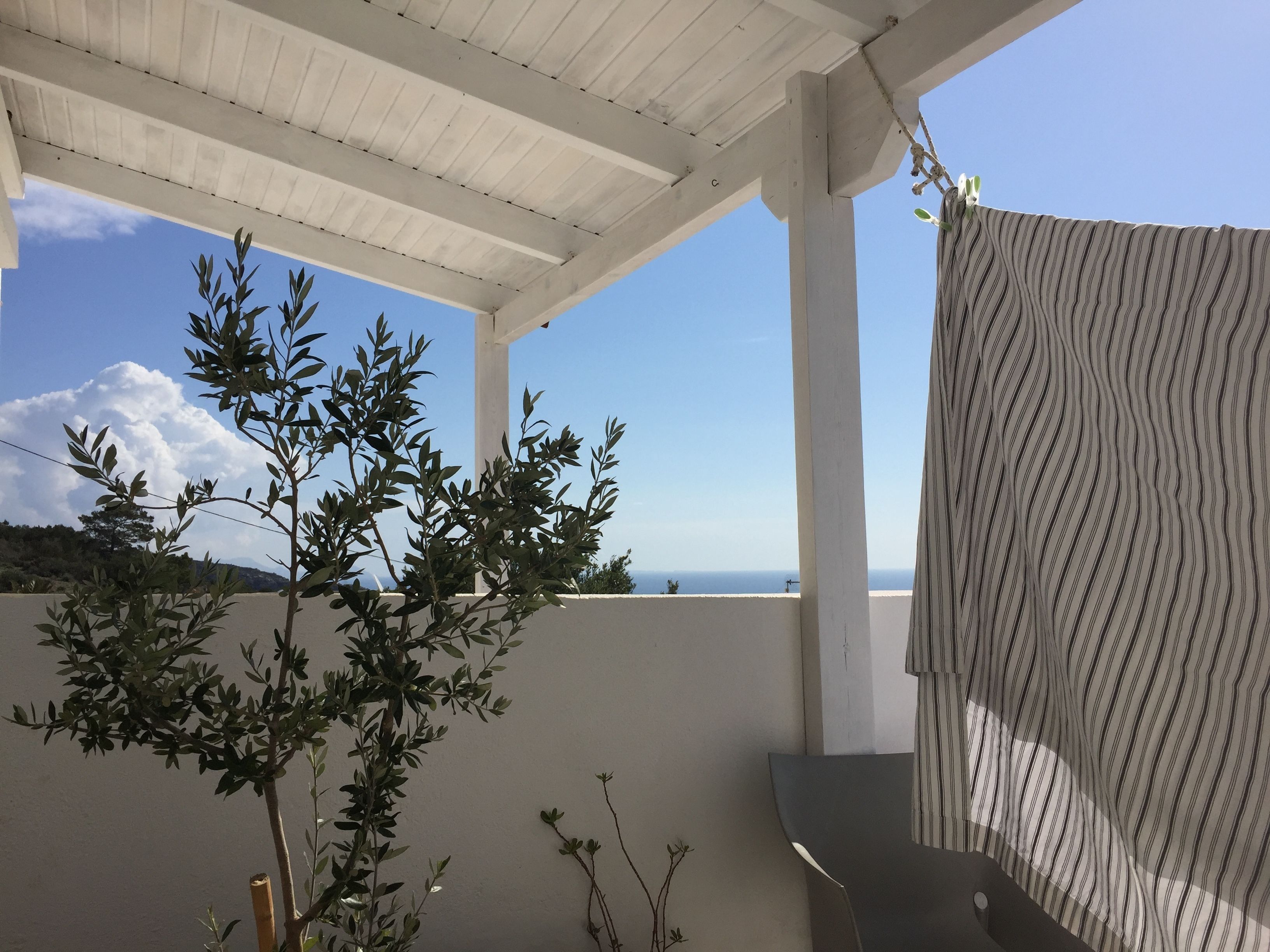 A covered outdoor area with a view of the sea, a tree, and a striped fabric hanging.