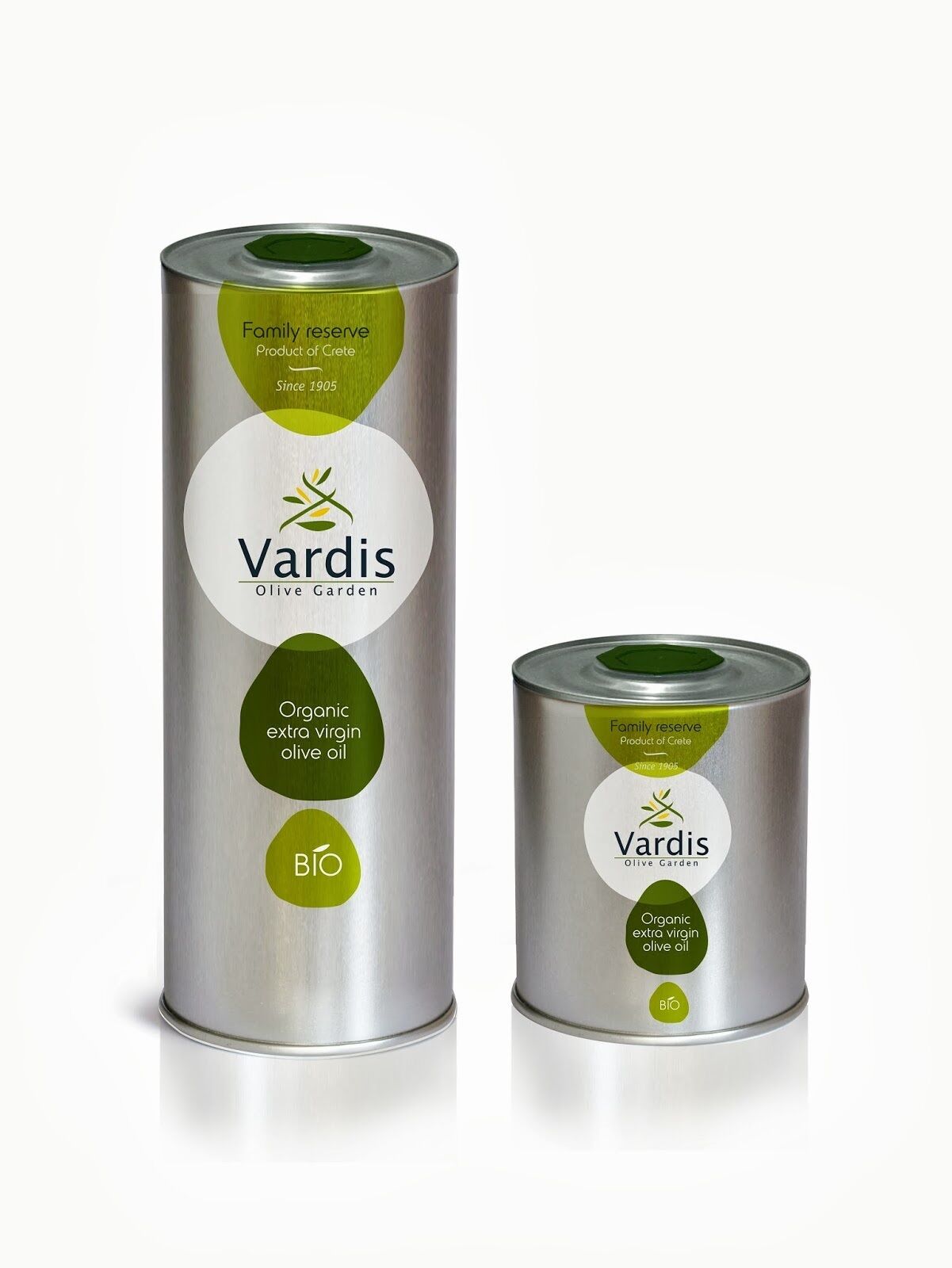 Dos recipientes cilíndricos de aceite de oliva virgen extra orgánico de Vardis Olive Garden.