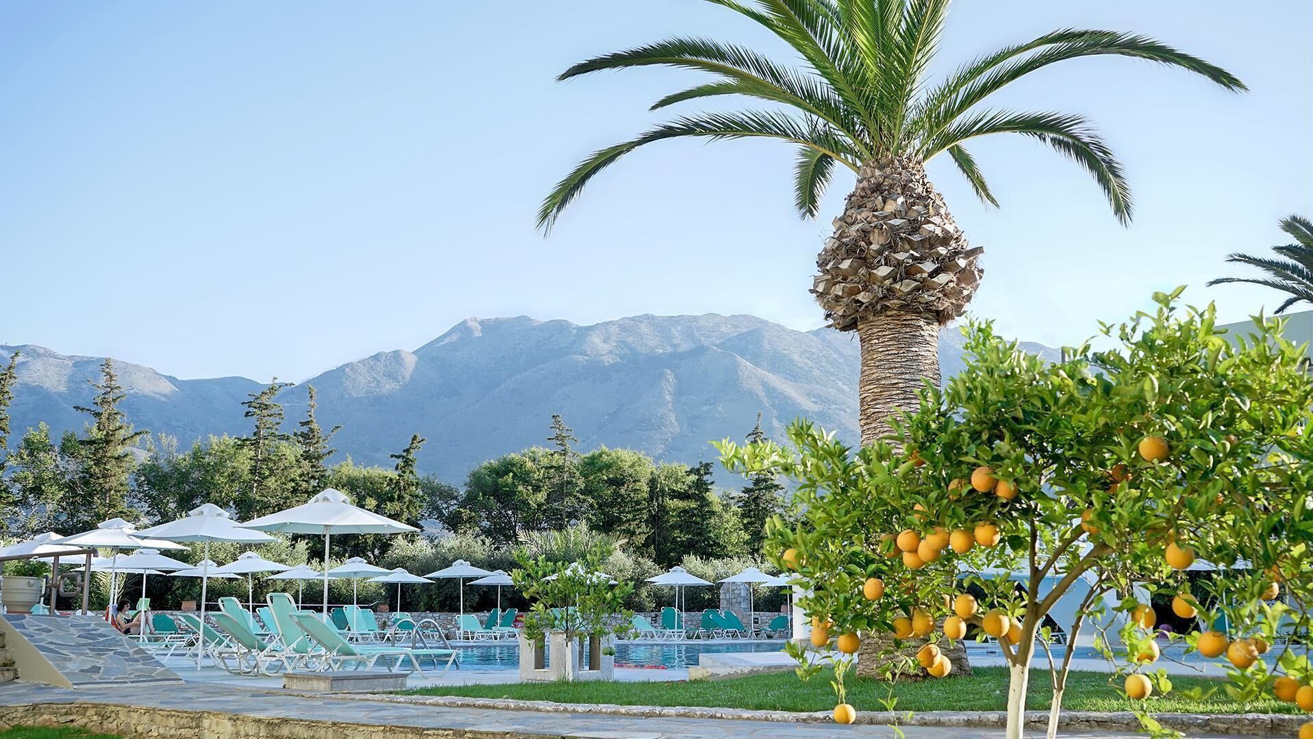 2 من حمّامات السباحة الخارجية، مظلات على حمّام السباحة، مقاعد للتشمس