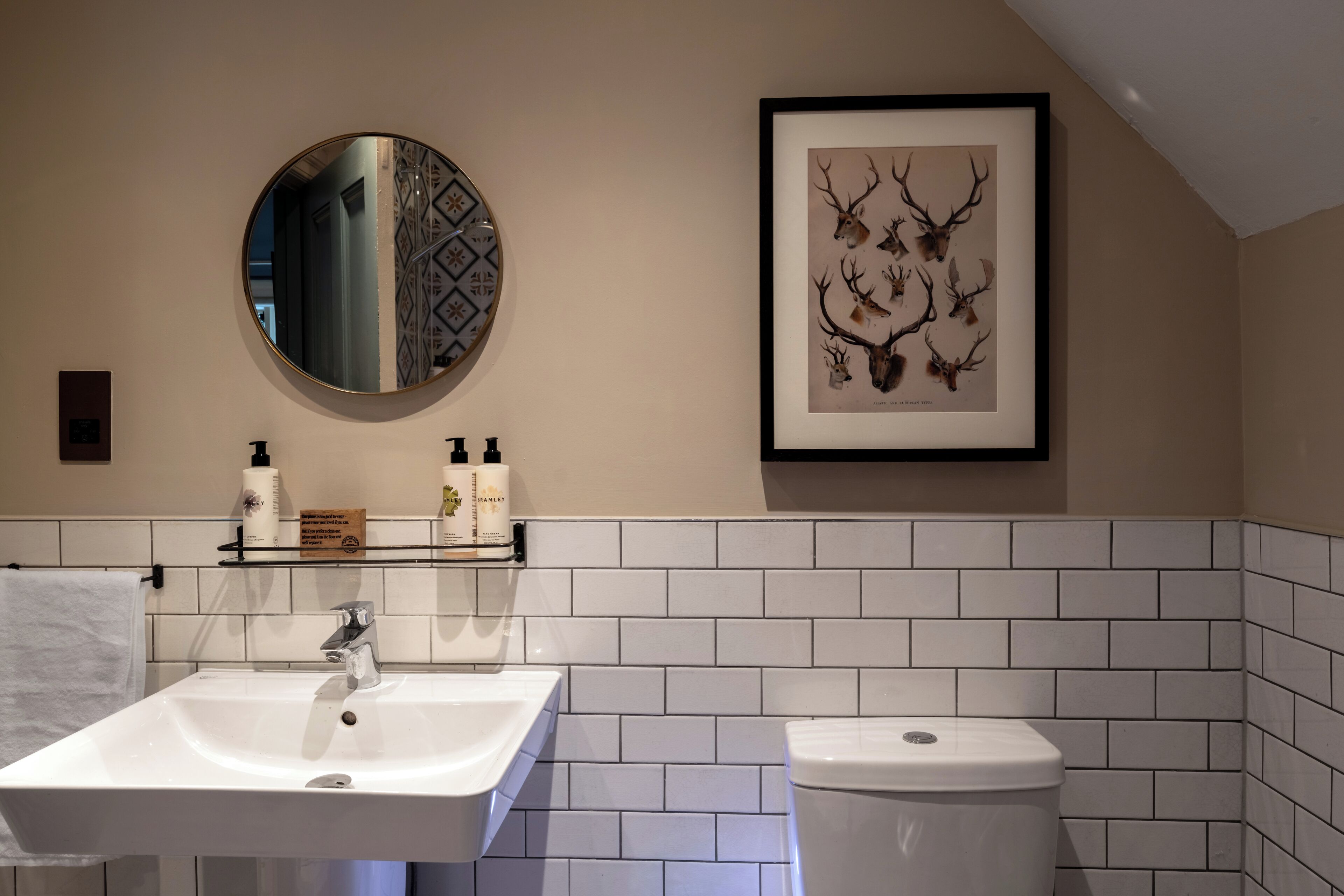 A bathroom with a white sink, mirror, and toilet, and a framed deer head artwork on the wall.