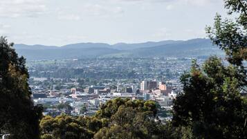A cityscape with a mix of modern and older buildings, surrounded by hills and trees.