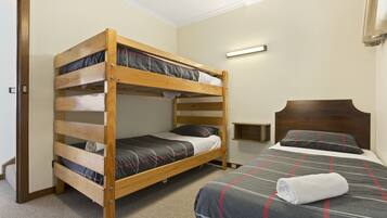 A bunk bed room with a single bed and a wooden headboard.