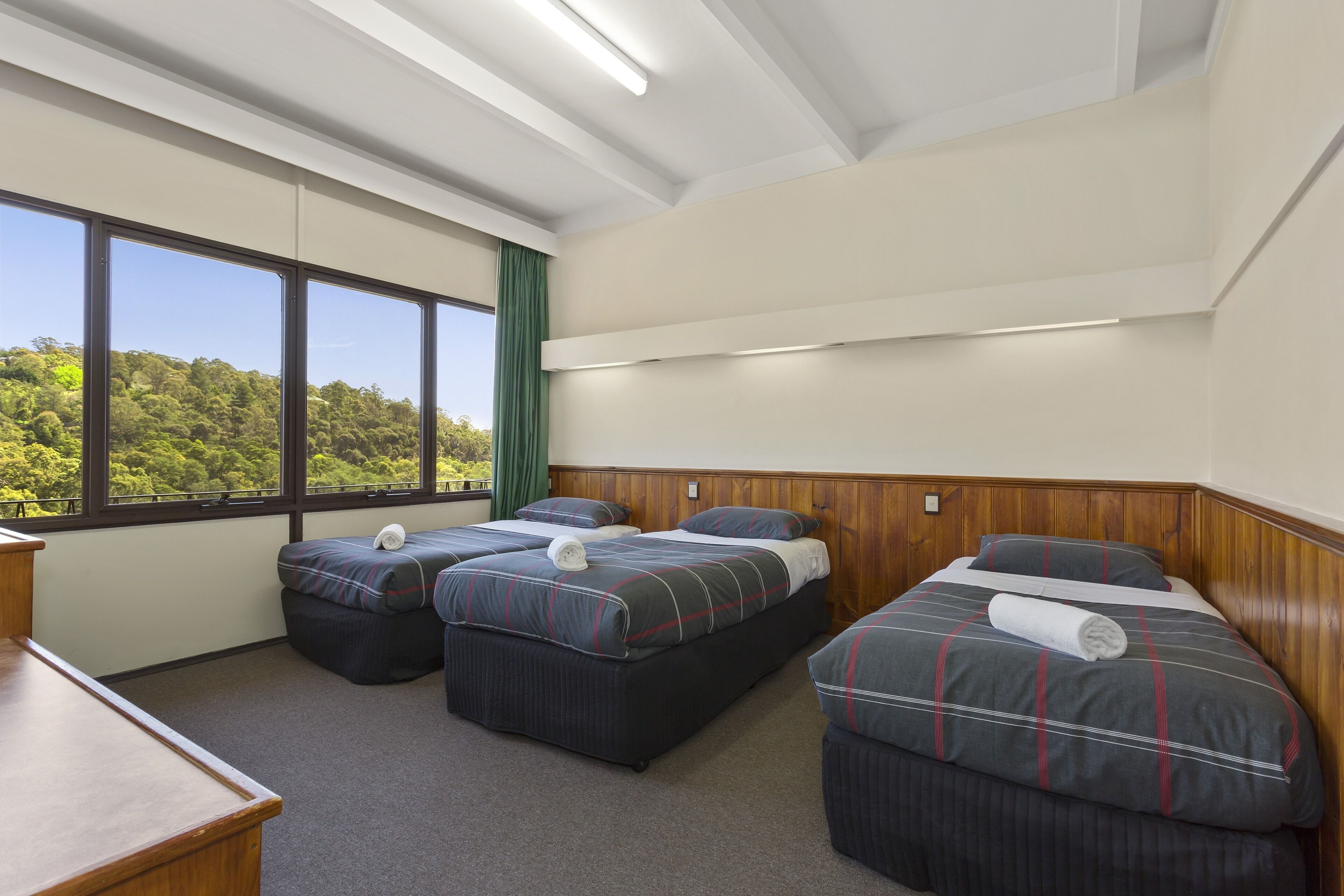 Een hotelkamer met drie bedden, grote ramen en uitzicht op een bos.