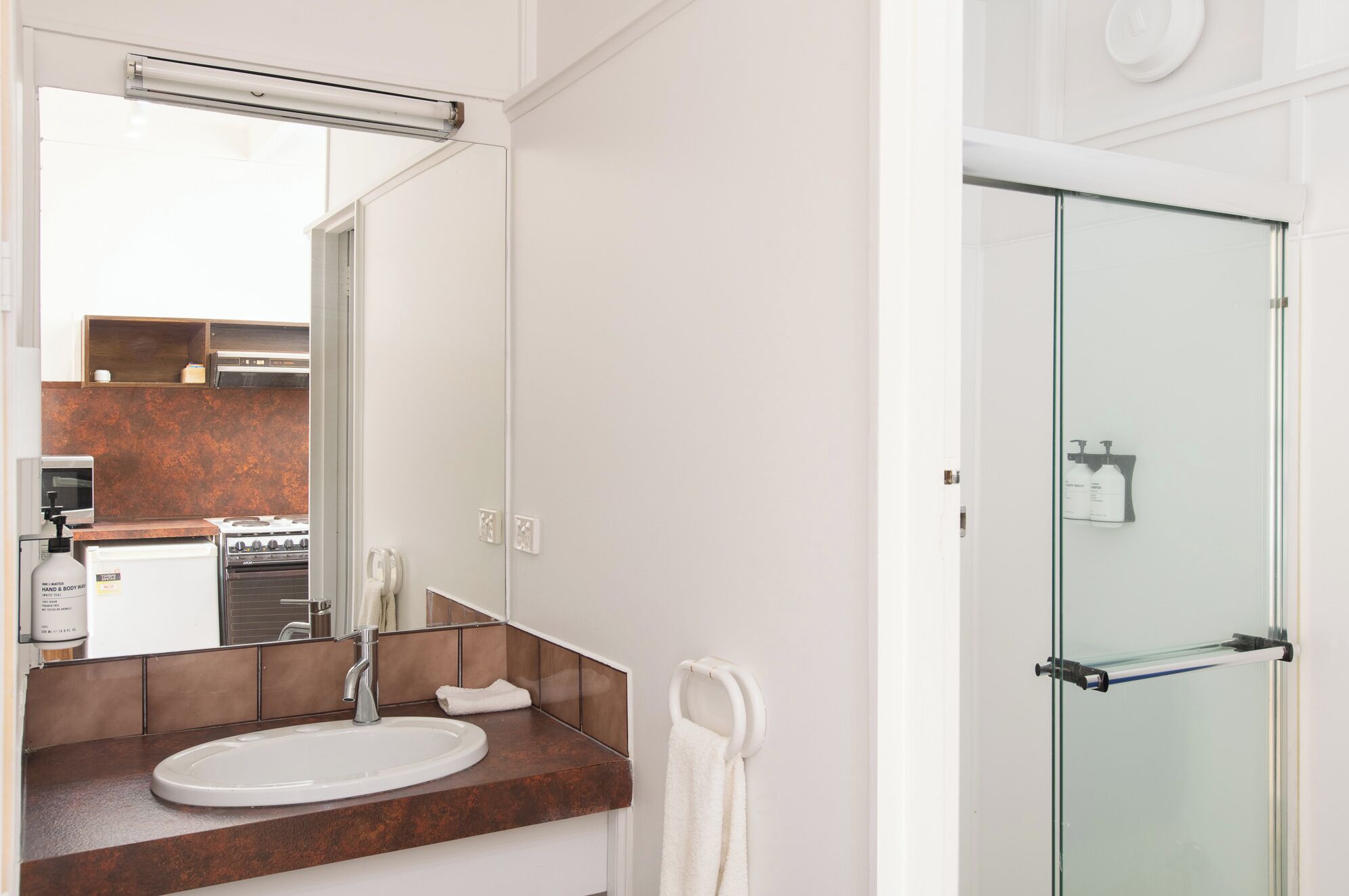 A modern bathroom with a glass shower door, a white sink, and a large mirror.