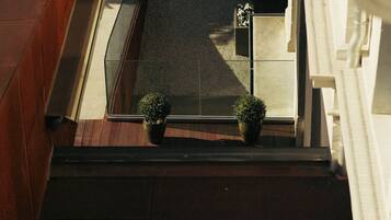 An aerial view of a building's exterior with a clear sky, a paved area, and two potted plants on the ground.