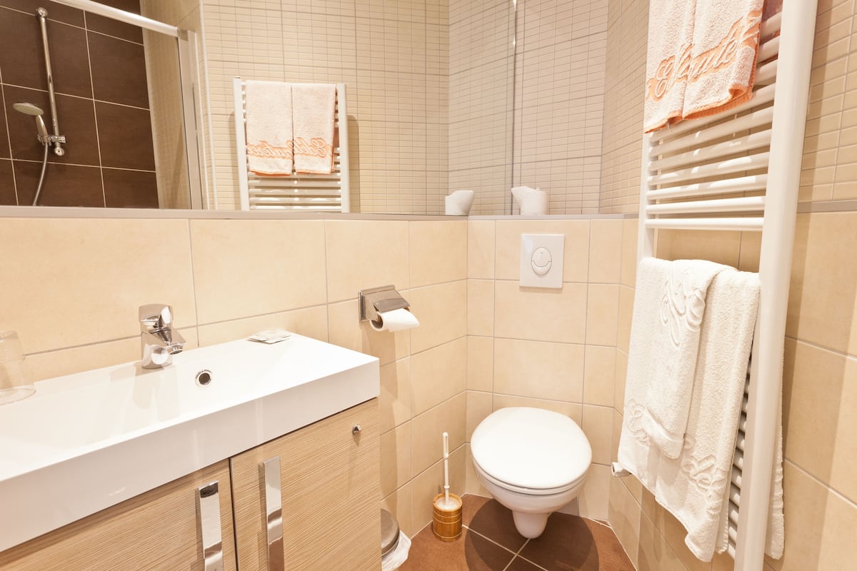 standard double room | bathroom | shower, towels