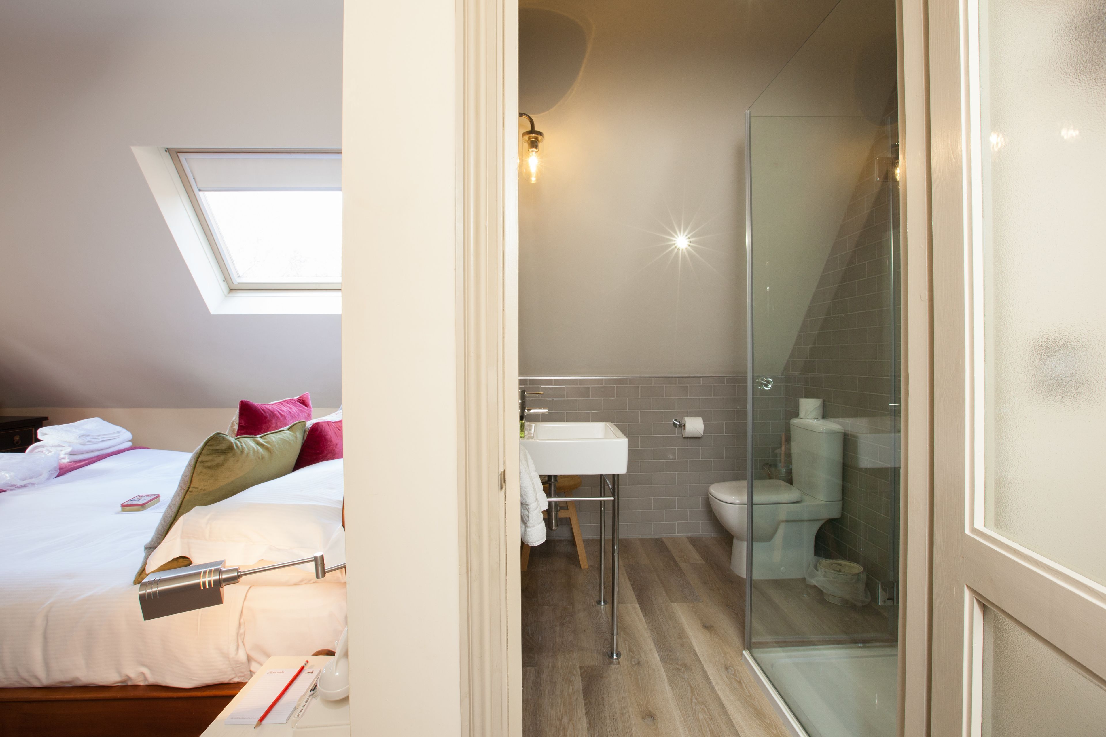 A bedroom with a skylight, a bathroom with a glass shower enclosure, and a visible toilet.