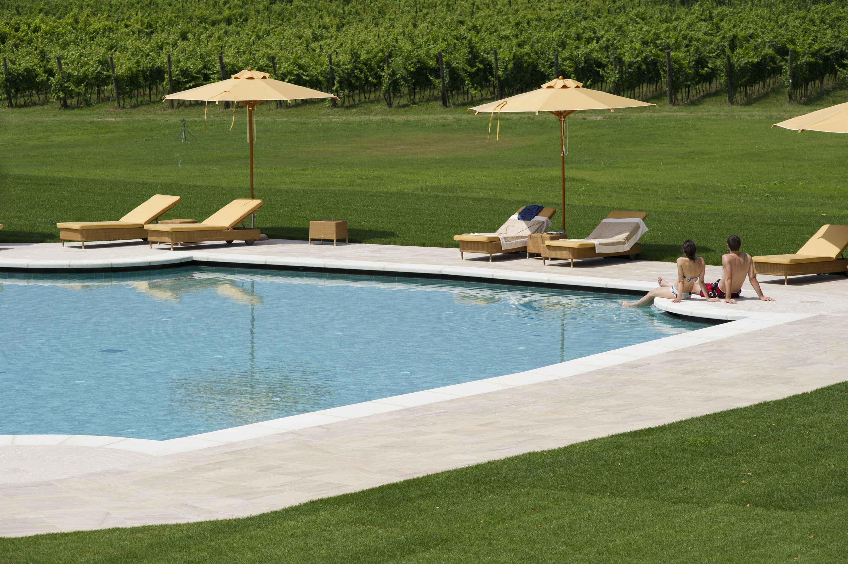 Un área de piscina con sillones de descanso y sombrillas, rodeada de un césped cuidado y un viñedo al fondo.