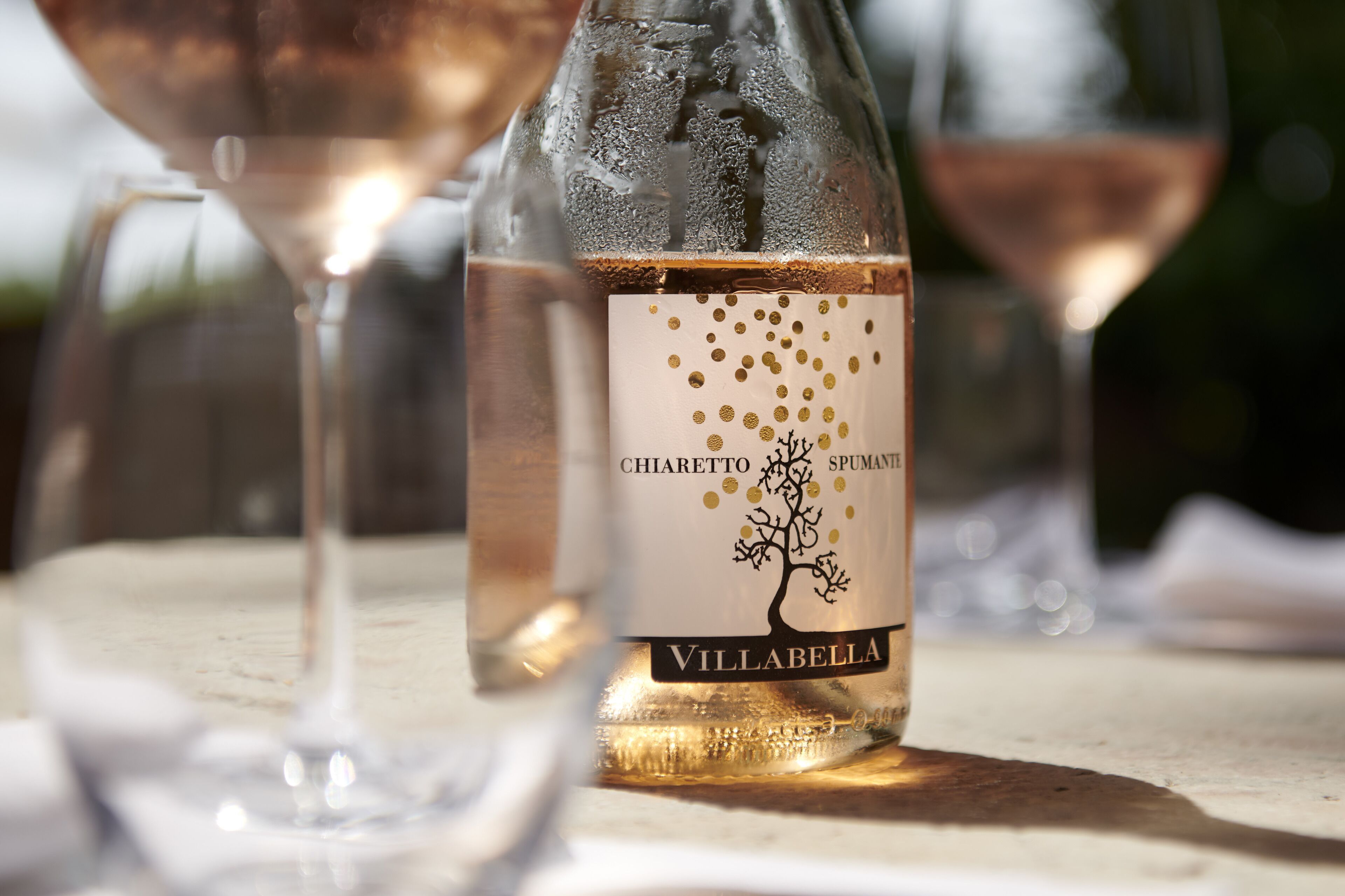 A bottle of Villabella wine with a label featuring a tree design, placed on a table with two glasses of wine.