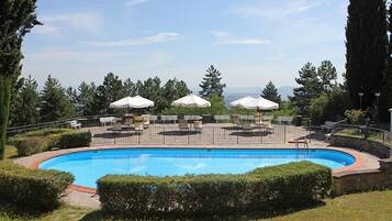 Una piscina al aire libre, sombrillas, sillones reclinables de piscina
