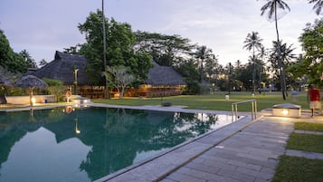 Outdoor pool, pool umbrellas, pool loungers