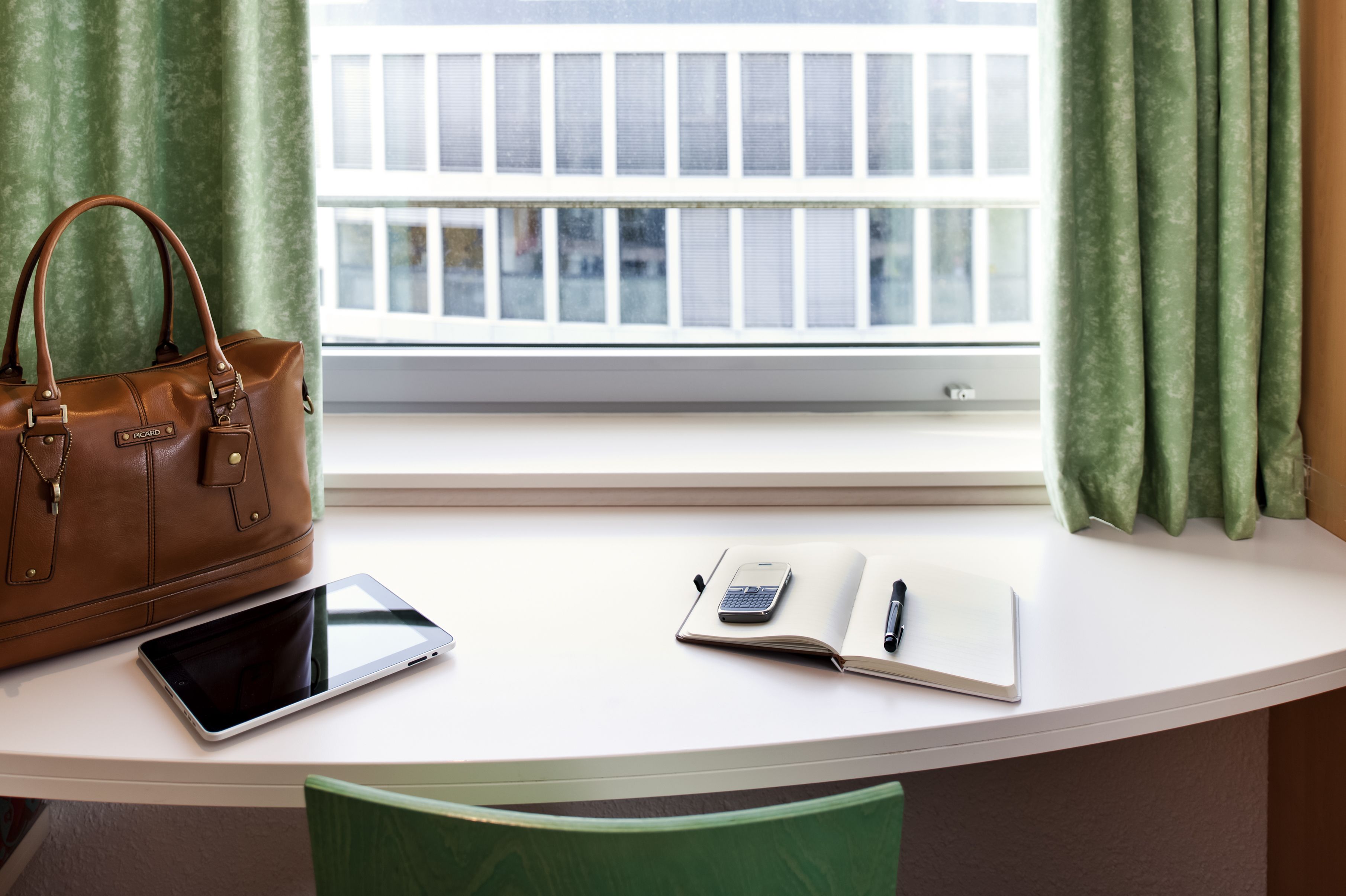 desk, blackout curtains, soundproofing, iron/ironing board