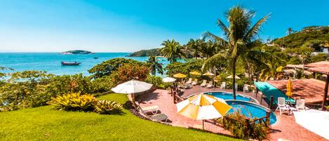 Outdoor pool, pool umbrellas, pool loungers