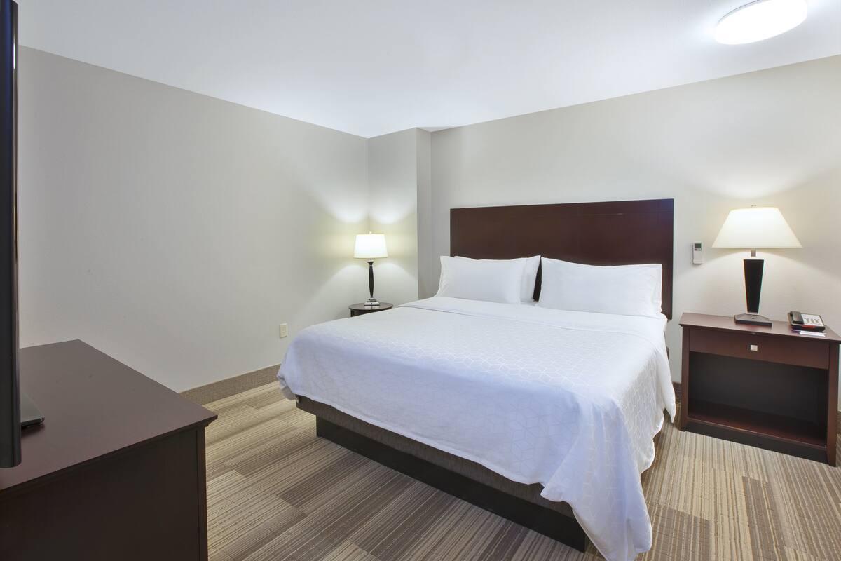 A hotel room with a large bed, two bedside tables, a TV, and a lamp on each side.