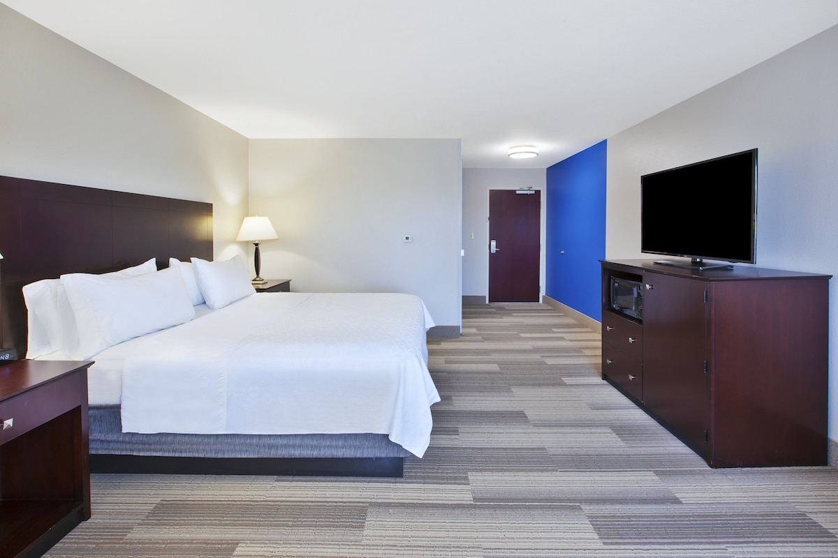 Een hotelkamer met een bed, een televisie, een bureau en een lamp.