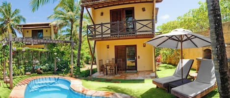 Outdoor pool, pool umbrellas, pool loungers