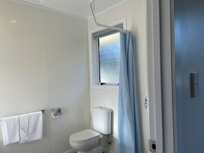 A bathroom with a toilet, a towel rack with a white towel, a window with a blue curtain, and a door.