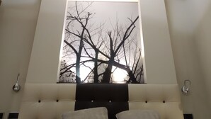 Un dormitorio moderno con un tragaluz circular, un ventanal con vista a un árbol y un cabecero capitonado.