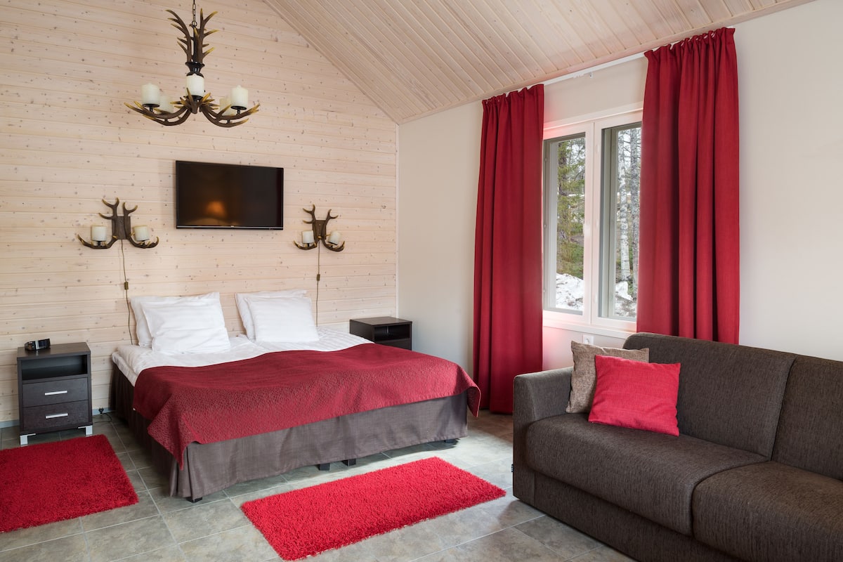 A bedroom with a bed, a sofa, a TV, and a window with curtains.