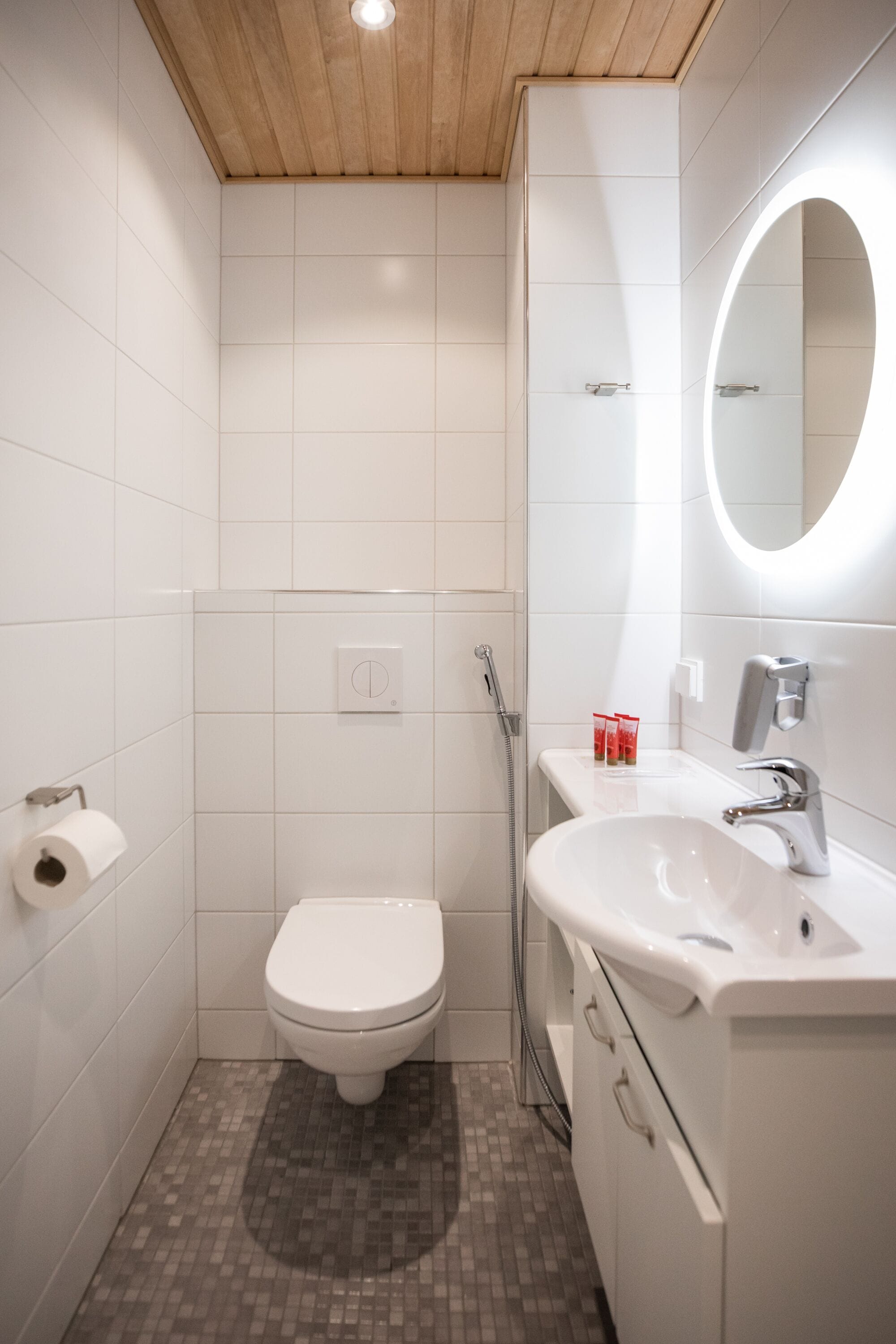 Une petite salle de bain moderne, équipée de toilettes, d’un lavabo et d’un miroir.
