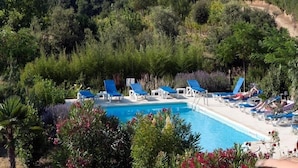 Una piscina rodeada de sillas reclinables azules y tumbonas blancas, con exuberante vegetación al fondo.
