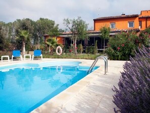 Seasonal outdoor pool, sun loungers