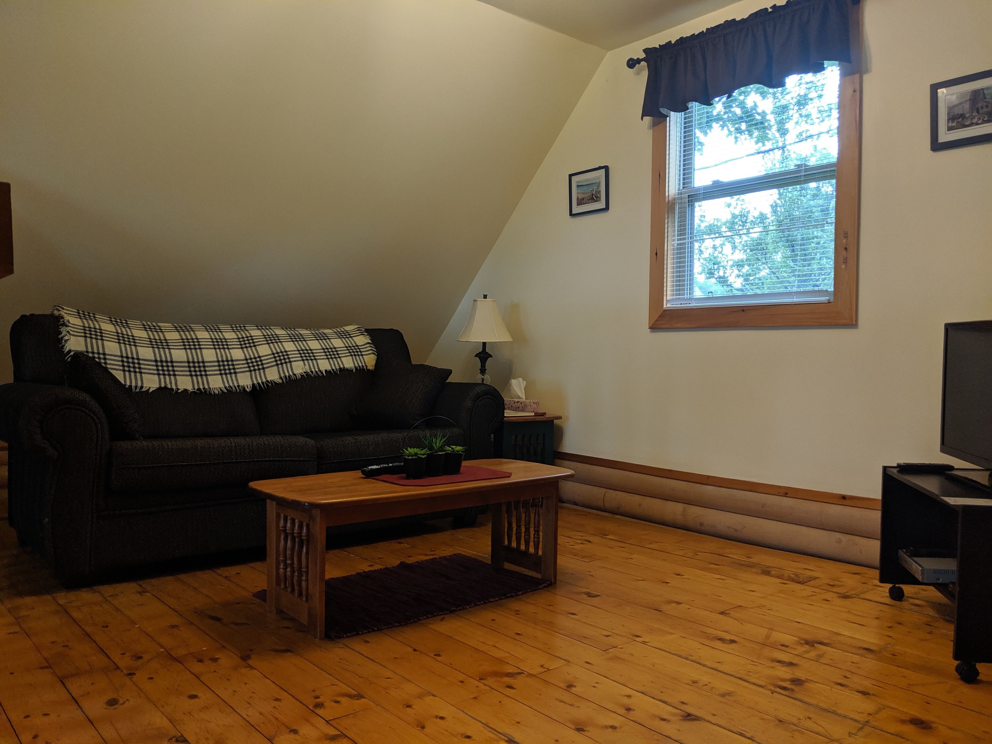 A living room with a dark brown sofa, a wooden coffee table, a lamp, and a television on a stand.