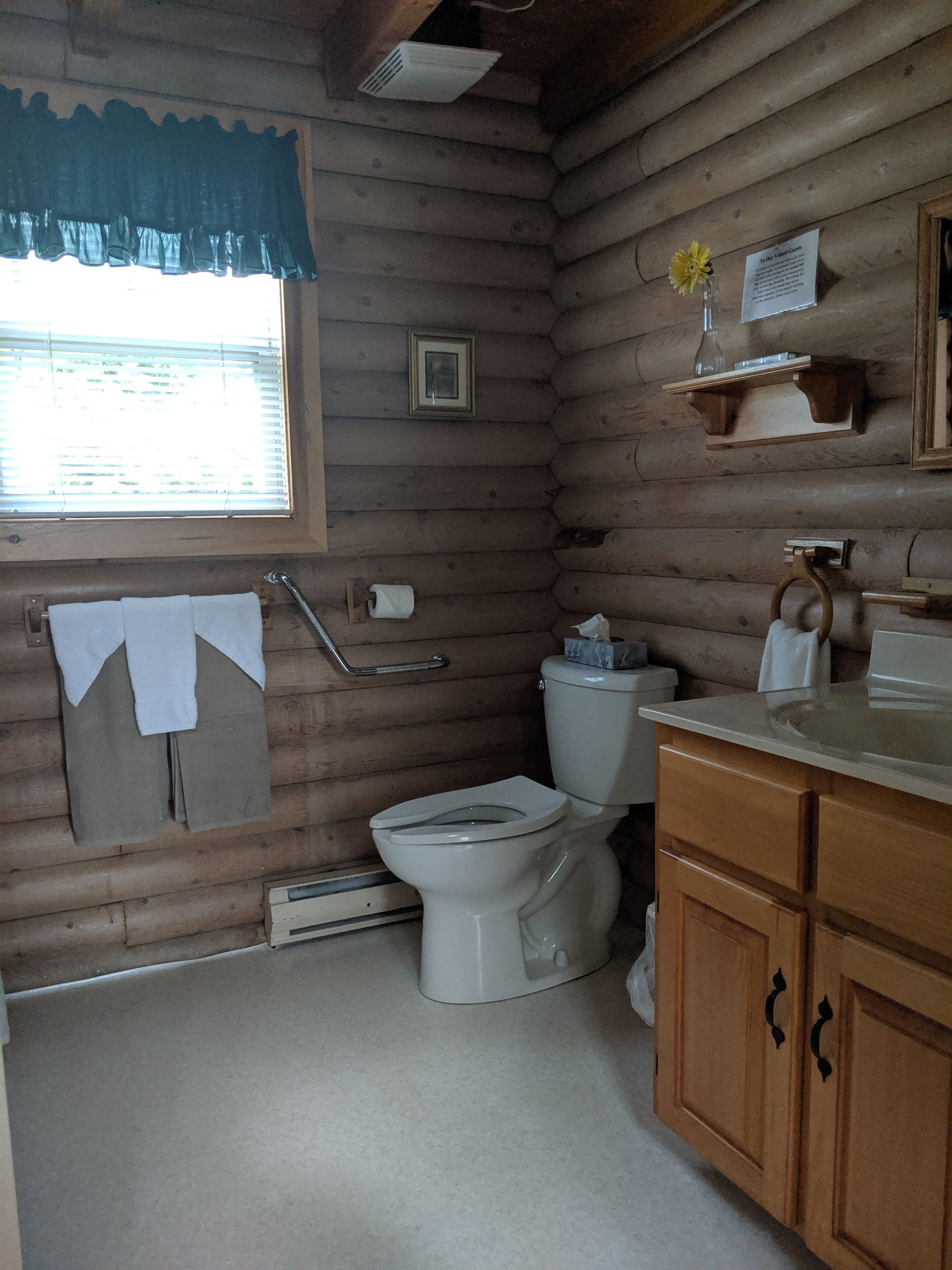 Un baño tipo cabaña con inodoro, lavamanos y armarios de madera.