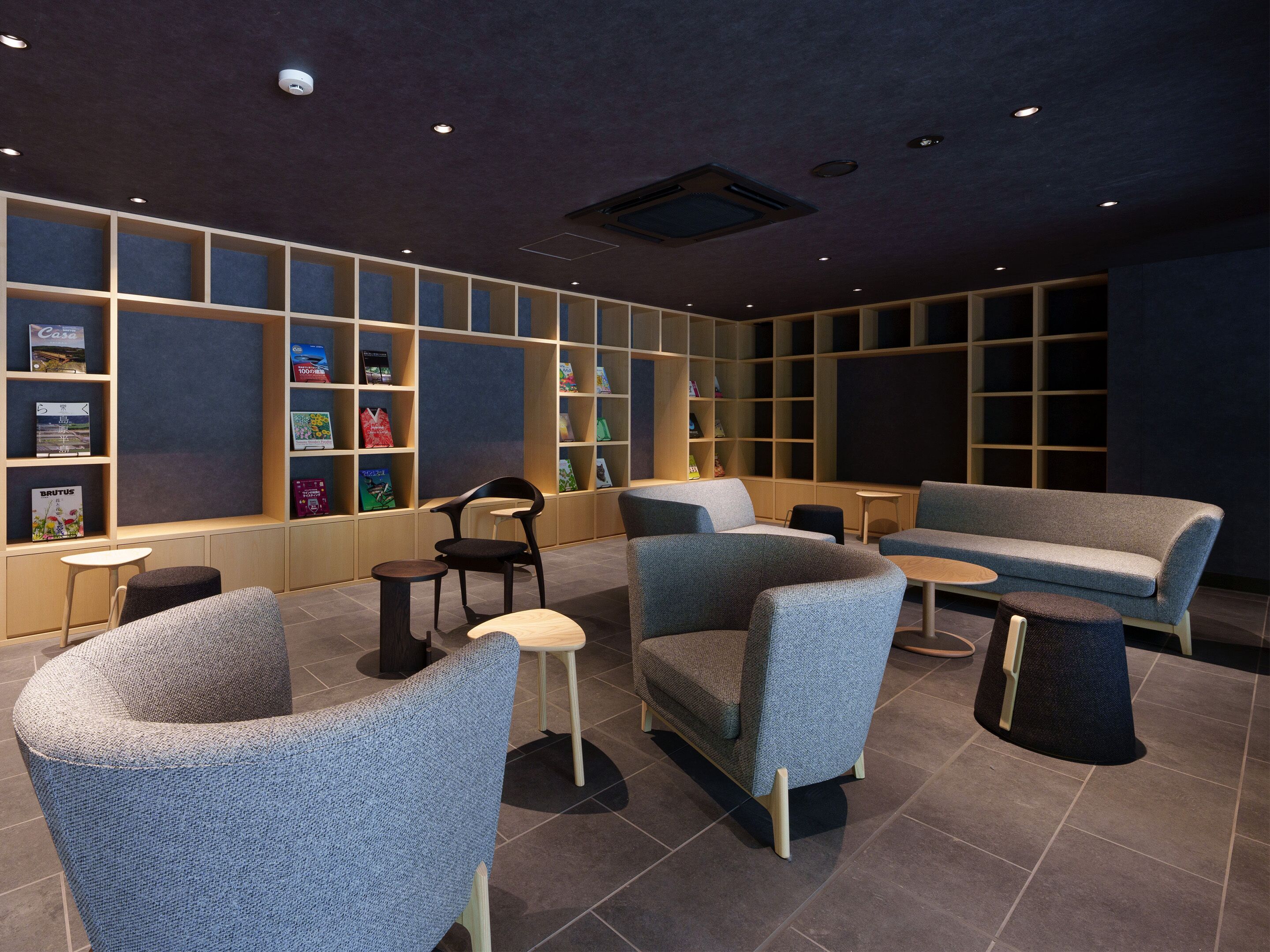 A modern lounge area with seating, bookshelves, and a flat-screen TV.